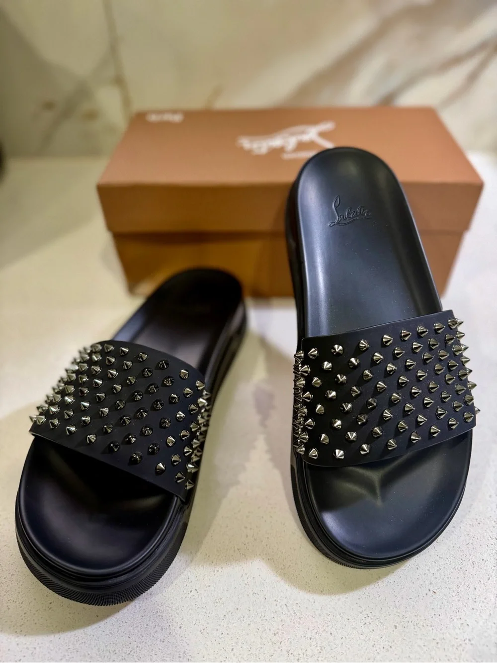 Louboutin Black Studded Slide Sandals - Luxury Designer